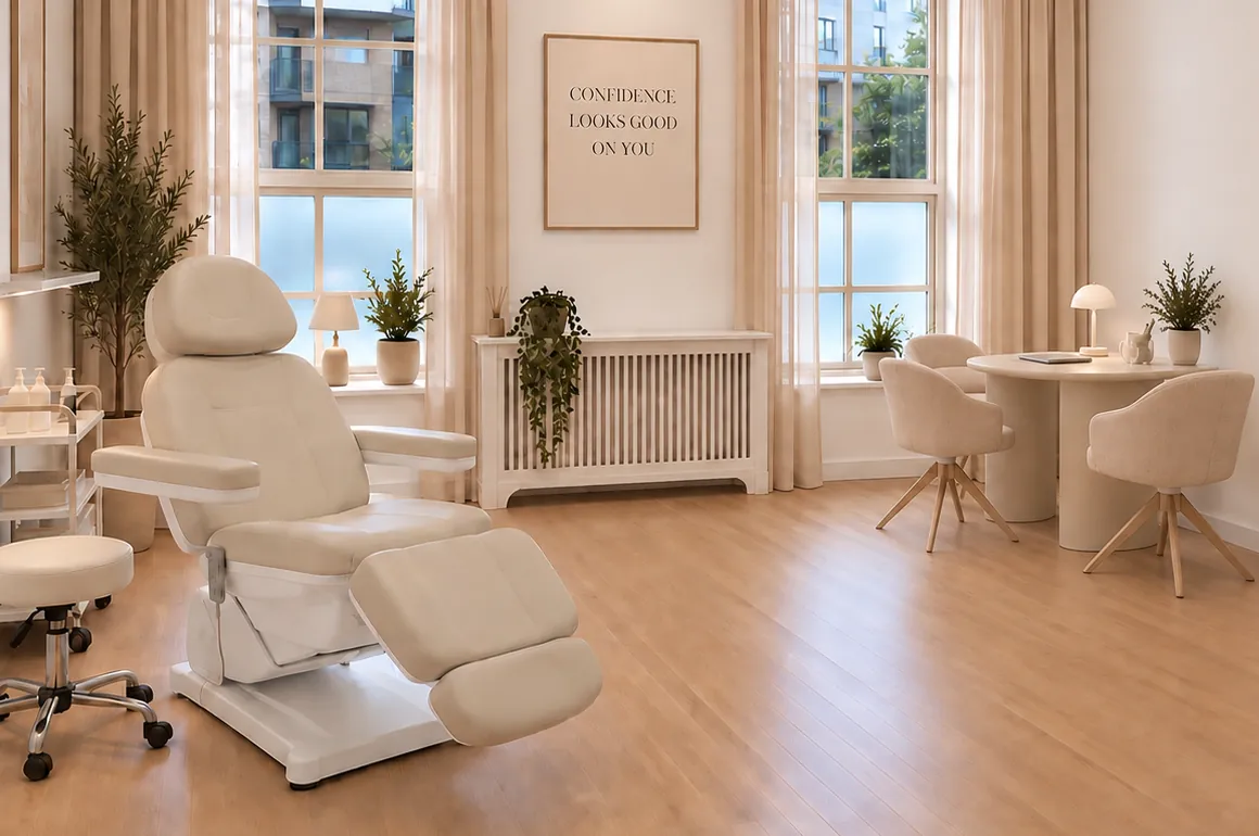 Behandlerrummet i Klinik Muse med behandlerstol og konsultationsbord