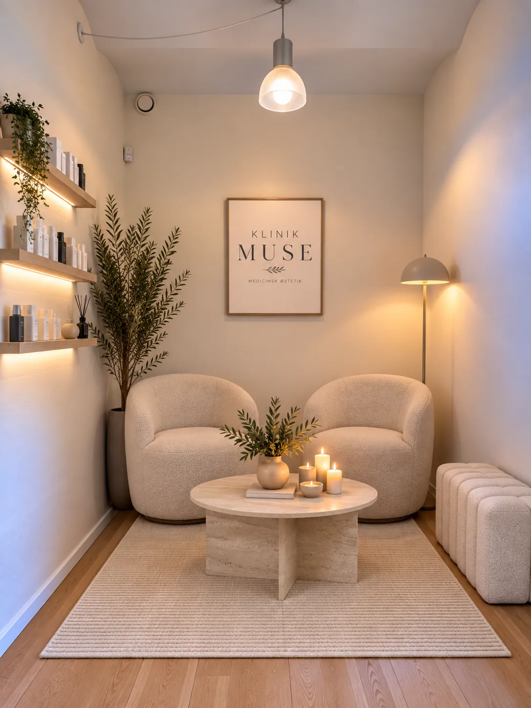 Den lyse venteafdeling i Klinik Muse med lænestole og planter